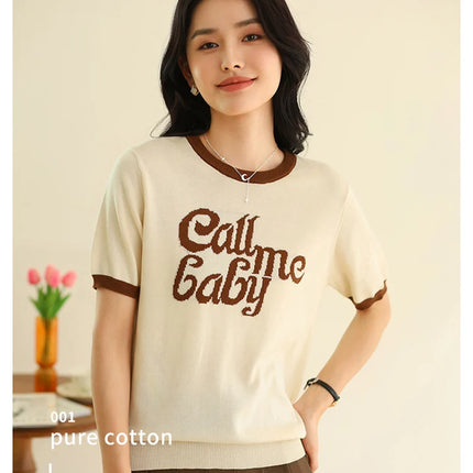 New women's short-sleeved 100% cotton knitted O-neck women's T-shirt Korean version fashionable hot selling top