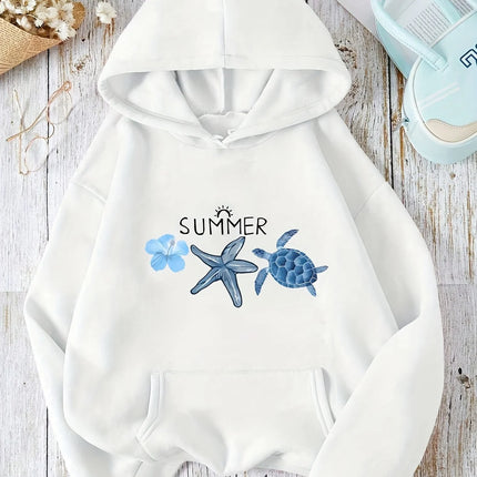 Turtle Sea Star Summer Printed 2025 Autumn Winter Hoodie Women's Top Casual Style Pullover Soft Fabric Long Sleeve Clothing
