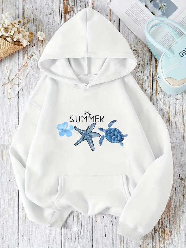 Turtle Sea Star Summer Printed 2025 Autumn Winter Hoodie Women's Top Casual Style Pullover Soft Fabric Long Sleeve Clothing