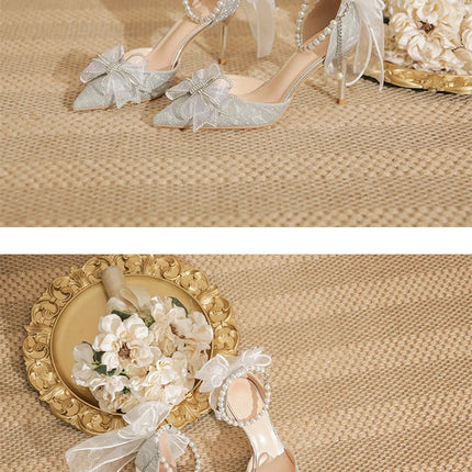 Spring Pointed Toe Party Wedding Shoes for Women, Bride Bow Thick Heel Silver Sequin Fairy Lolita Style Single Shoes