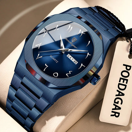 POEDAGAR Fashion High Quality Men Clock Date Week Waterproof Watch For Man Quartz Stainless Steel Luxury Men's Watches Reloj+Box
