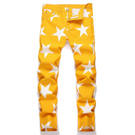 Men Stars Print Jeans Y2K Fancy Color Stretch Cotton Denim Pants Fashion Slim Straight Trousers