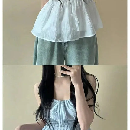 Sexy Summer Design D-string Strap Folded Waist Slimming Women's Casual Sexy Vest Top with Belt Polyester Fiber Thin Model