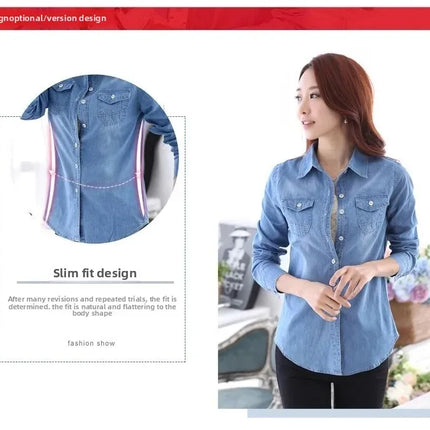 Slim Fit Cotton Denim Shirt Long Sleeve Women's Spring Autumn Summer Student Professional Outerwear Fashionable Casual Top