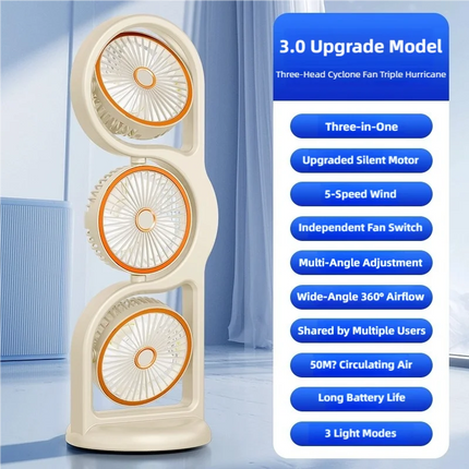 TINSOL New Portable USB Rechargeable Three-Head Fan – 360° Circulation, 5-Speed Wind, Dormitory and Outdoor Desktop Fan