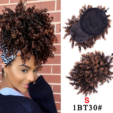 Leeons New Synthetic Afro Kinky Curly Hair Bangs Puff Hair Bun Drawstring Ponytails Clip On Hair Extension Updo Pineapple Fringe