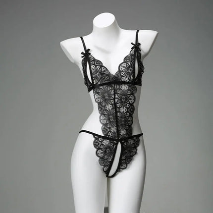 Sweet Deep V Neck Lace Bow Bodysuit Mesh Hollow Transparent Women Lingerie Jumpsuits Sleeveless Lace Sling Nightwear Gifts