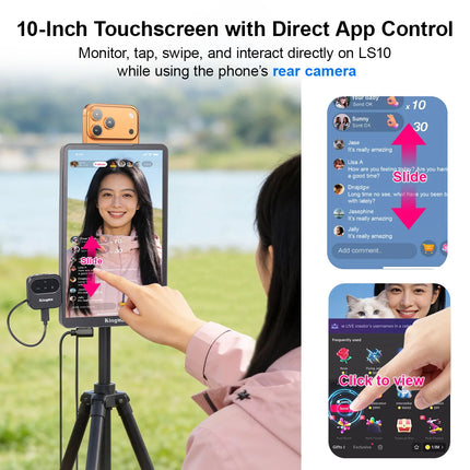 KingMa 10" Live Stream Touch Monitor for iPhone17 16 15 Samsung Rear Camera Vlog Screen Mirroring Kit Reverse Control for TikTok