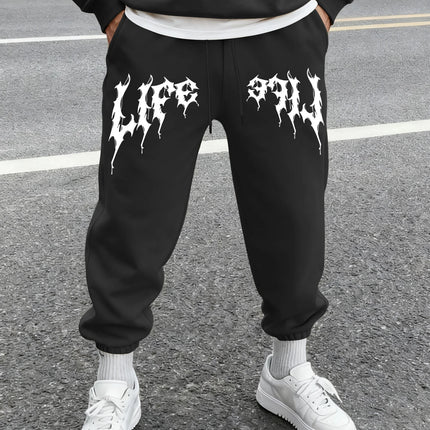 Men's Aesthetic Dark Gothic Letter Art Print Sweatpants Elastic Waist Joggers Cozy Goth Daily Street Fashion Bottoms