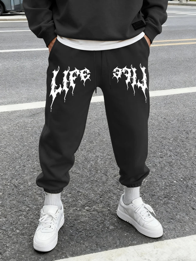 Men's Aesthetic Dark Gothic Letter Art Print Sweatpants Elastic Waist Joggers Cozy Goth Daily Street Fashion Bottoms