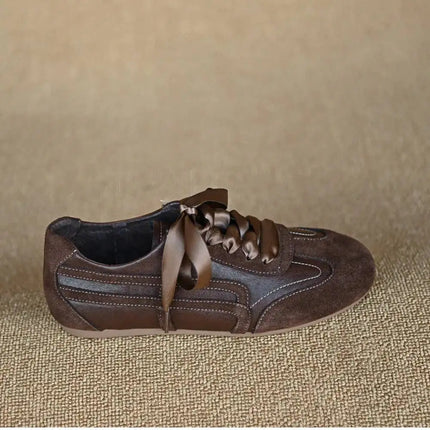 Suede Retro Lace Up Casual Flat Shoes Women Comfort Shallow Autumn Footwear Female Brown Genuine Leather Ballet Sneakers Women