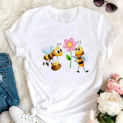 Cartoon Bee Pattern Print Summer Children's Short-Sleeved Shirt Kid Fashion Cotton T-shirt Girl Comfortable Leisure Top Clothes