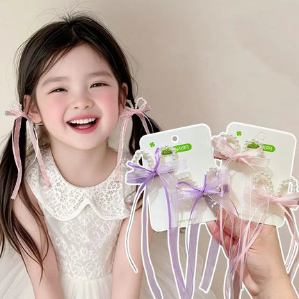 2PCS/Set Sweet Pearl Bow Hair Clips for Baby Girl Cute Fairy Long Ribbon Headwear Princess Kids Hair Accessories Headdress