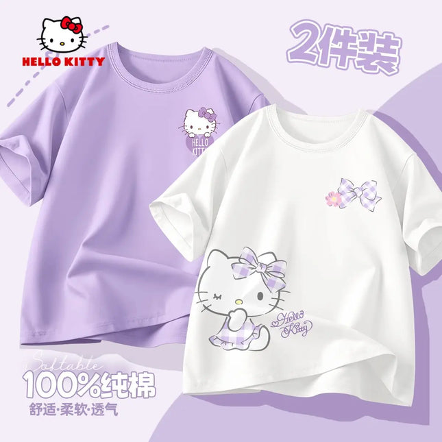 (2 Pieces Per Pack) Sanrio Summer Baby Girls 100% Cotton Clothes Kid Children Girl Hello Kitty Printed T-shirts Short Sleeve Top