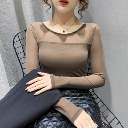 Autumn Winter Round Neck T shirt Women Sexy Mesh Bottoming Shirt Long Sleeve Solid Color Slim Fit Long Sleeve Casual Tops