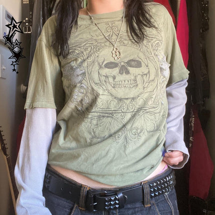 90s Vintage Cross Skull Print Tee Mall Goth Graphic Long Sleeve Patchwork T-Shirt Harajuku Retro Y2k Crop Top Women Streetwear