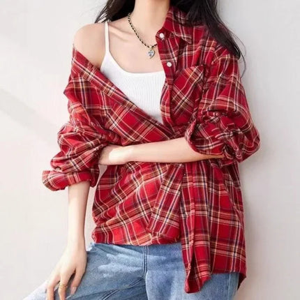Retro Red Plaid Long Sleeve Women's Shirt Loose Fit Autumn Summer New Style Casual Fashion Open Cardigan Slimming Top Coat