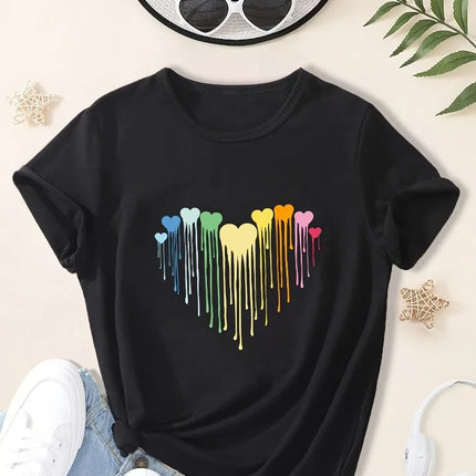Summer Baby Girl Black Clothes Kid Girls Casual Colorful Heart Printed T-shirts Children Fashion Crew Neck Short Sleeve Top