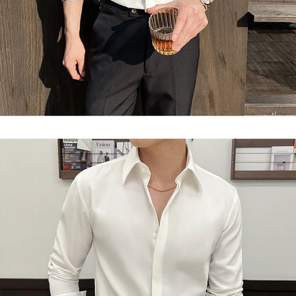 Men's White Long-Sleeve Dress Shirt - Slim Comfortable Fabric. Ideal for Formal Events & Everyday Wear. Classic & Modern Design