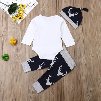 0-24months Baby Boys 3pcs Clothing Set Letter Pattern Deer head Romper And Print Pants And Hat Xmas Outfits For Infant Boys
