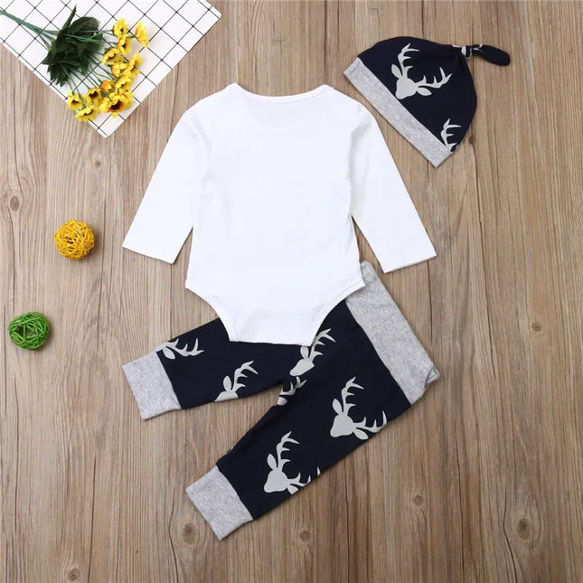0-24months Baby Boys 3pcs Clothing Set Letter Pattern Deer head Romper And Print Pants And Hat Xmas Outfits For Infant Boys