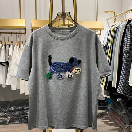 Women T-Shirts Loose Streetwear Unisex Fun Dog Embroidered Short Sleeve Cotton Girl Tees Female Top Summer 2026