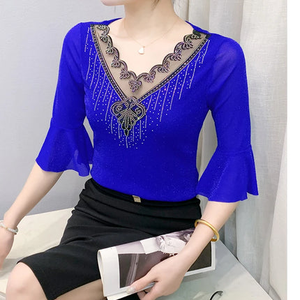 2025 Spring Summer Mesh Tops Korean Fashion Diamond T Shirt Slim 3/4 Sleeve Hollow Out Casual Women Shirt