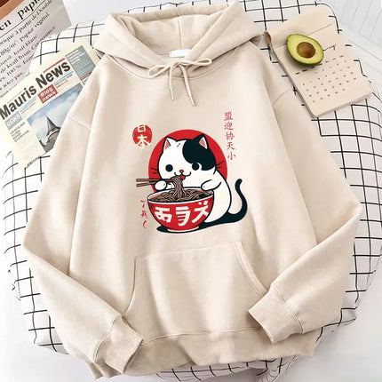 Japanese Style Cat Eat Ramen Hoodie Manga Cat Children's Sweatshirt Cute Hoody Casual Hoodies Spring Unisex Clothes