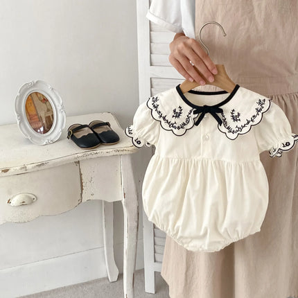 Baby Summer Clothes Embroidered Baby Short-sleeved Jumpsuit Baby Bow Tie Rompers Cute Newborn Girls Cotton Outfits