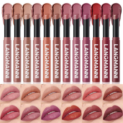 12 Color Matte Lipstick Pencil Waterproof Long Lasting Non-Stick Cup Lip Stain Tint Cosmetic Nude Lipstick Pen Makeup Cosmetics