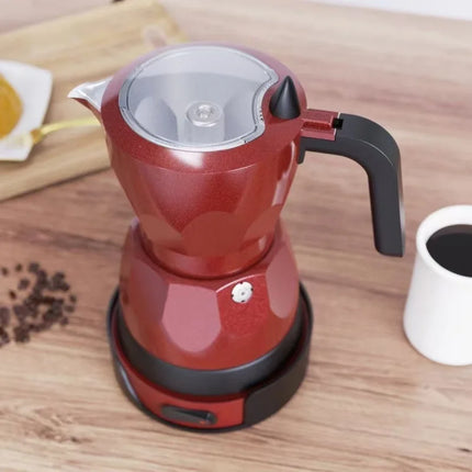110V/220V Electric Coffee Maker Portable Aluminum Mocha Pot Electric Italian Coffee Maker Percolator for Home Red 150ml/3 Cups