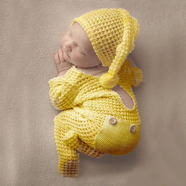 Ylsteed Neworn Footed Jumpsuit for Photo Shooting Infant Photography Outfits Newborn Buttons Pocket Romper with Pom Sleepy Hat
