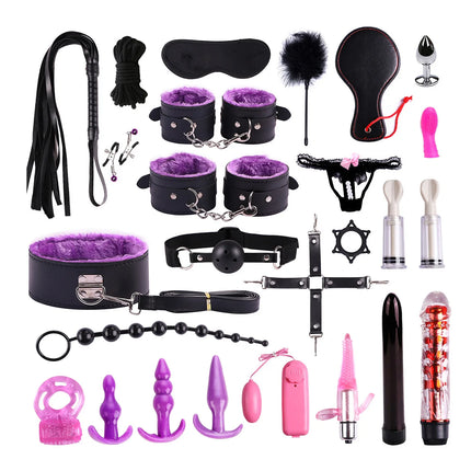 26-in-1 Mega BDSM Bondage Kit Plush Handcuffs Restraint Ball Gag Anal Plug Vibrator Sexy Lingerie Adult Sex Toy Set for Couples