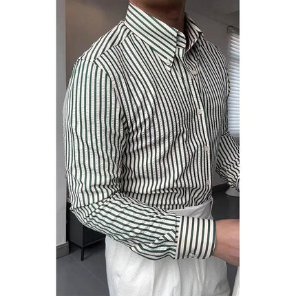 2025 Bubble Shirt Stripe Long Sleeve Men's Business Casual Neck Button Pointed Collar Autumn Fashion Versatile Shirt