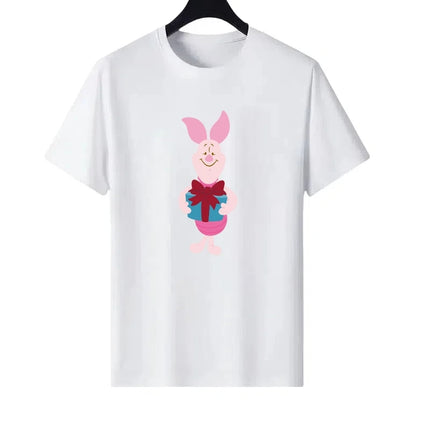 Disney Pooh Bear Piglet Pattern Woman Round Neck Loose Parent-child Clothing Tops Ladies Comfort Short Sleeves T-Shirt Blouses