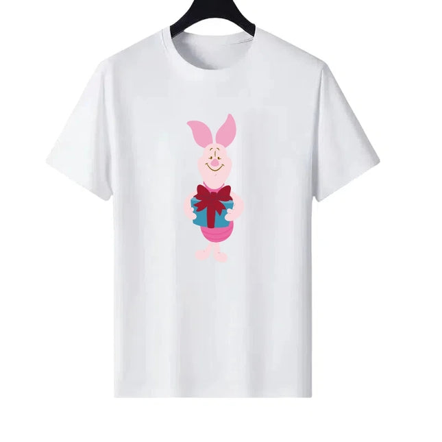 Disney Pooh Bear Piglet Pattern Woman Round Neck Loose Parent-child Clothing Tops Ladies Comfort Short Sleeves T-Shirt Blouses