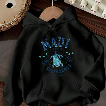2025 Autumn and Winter "Hawaii Maui" Surfboard Printed Casual Hooded Pullover for Women's Casual Hoodies Clothing