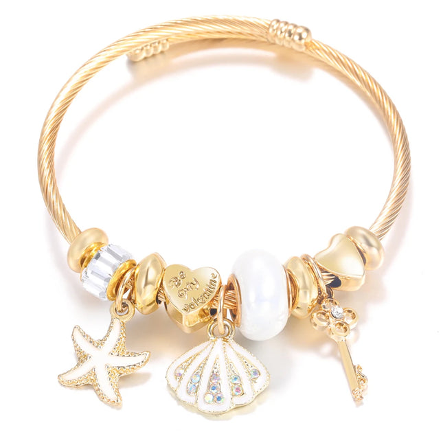 New Trendy 4 Colors Heart Shape Painted Pendant Closure Beaded Bracelet Golden Stainless Steel Women Bracelet 2025 Charm Jewelry