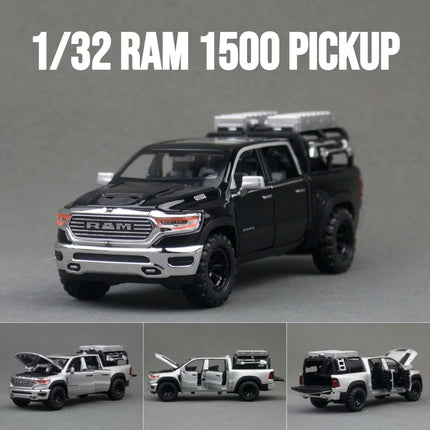 1/32 Dodge RAM 1500 Pickup Toy Car Miniature Diecast Metal Off Road Vehicle Model Pull Back Sound Light Collection Gift Boy