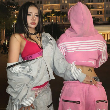 Autumn Winter Casual Loose Party Harajuku Zipper Coat American High Street Vintage INS Hip Hop Striped Print Long Sleeved Hoodie