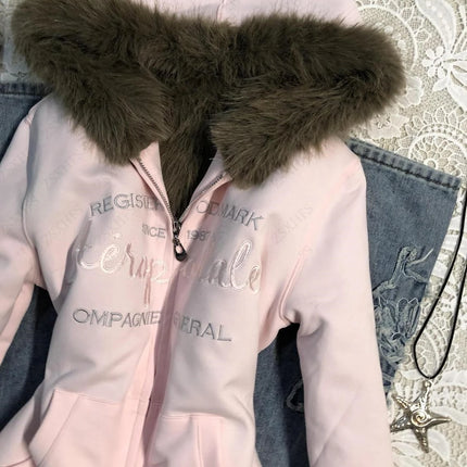 Pink Girl Sweet Vintage Hoodies Autumn Winter Clothes Women Y2k Casual Zip up Letter Graphic Jacket Hoody Harajuku Cuteore Coats