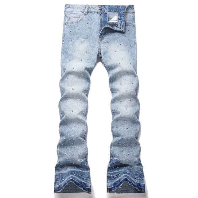 Denim Flare Pants Men Jeans Rhinestones Distressed Mid Waist Vintage Denims Male Washed Trousers Boot Cut 2026 Streetwear