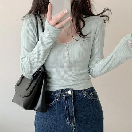 Women's T-Shirts Long Sleeve Slim Lace Button Kawaii T-shirts Female Y2k Tops Casual Tees Pullovers 2024 Spring New Woman Clothing