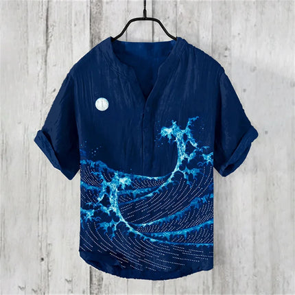 Men's Short-Sleeved POLO Shirt Imitation Linen POLO Shirt Printed Kanagawa Waves Japanese Retro Men's Clothing