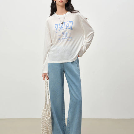 ZIQIAO Loose-fitting Linen Letter Printed T-shirt for Women Solid Long Sleeve Sheer Simple Trendy Casual Spring 2026 New Arrival