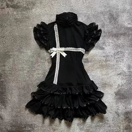 Japanese E-girl Gothic Vintage Dress Women Half High Neck Short Sleeve Bow Lace Mini Dress Cinch Waist Sweet Spicy Black Dress