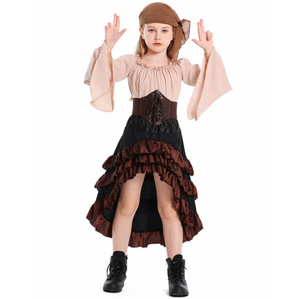 Kid Pirate Retro Cosplay Irregular Ruffled Skirt Girl High Waist Dress Children Halloween Carnival Party Performance Costume Set
