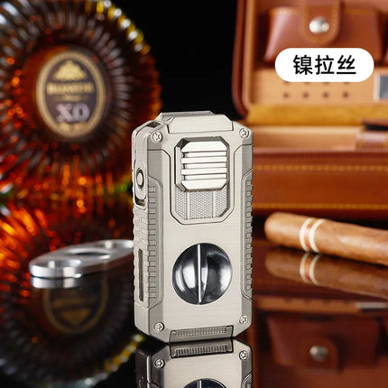 Portable Multi-function Jet Lighter with V-shaped Cigar Cutter Cigar Cigarette Holder Men's Cigarette Lighter, Gentleman's Taste