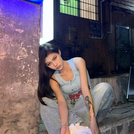 Blue Cherry Print Crop Top Women's Summer Slim Fit High Street Short Zipper Trendy Strap Vest Sweet Style 8-24 Years Old
