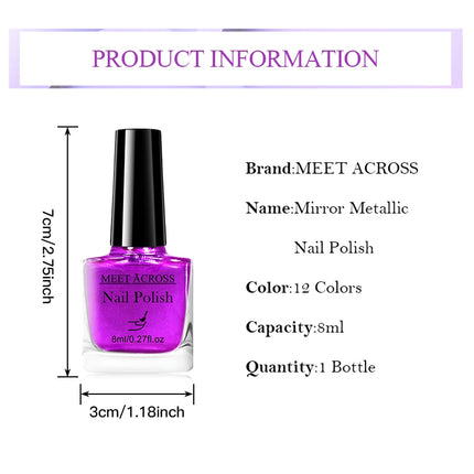 MEET ACROSS 8ml Glass Bottle Metallic Nail Polish Super Silver Gold Mirror Effect Nail Art Polish DIY Manicure Without Lamp